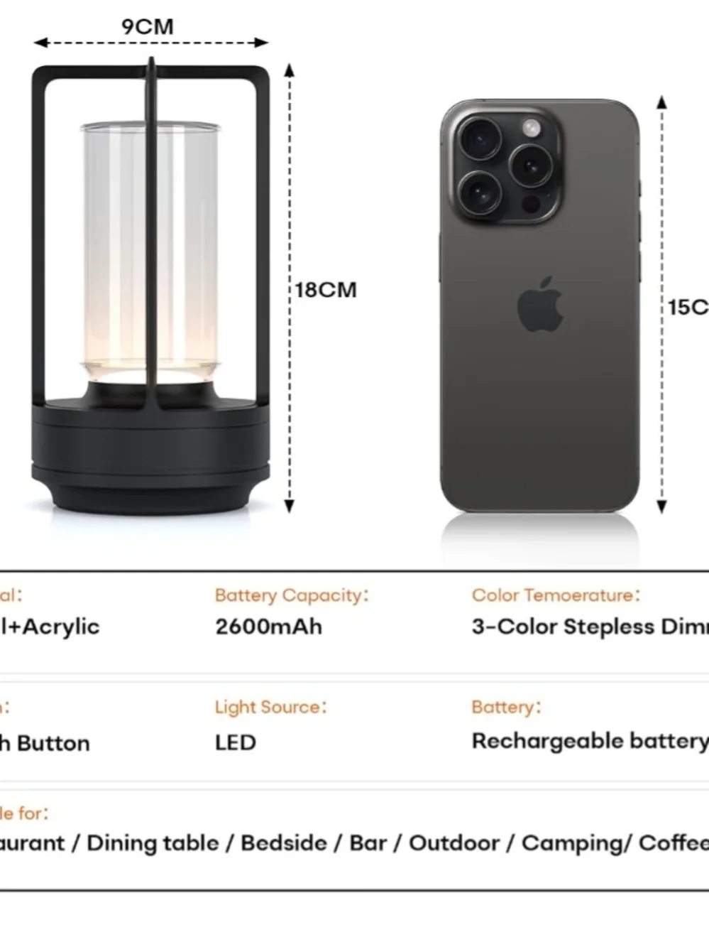 Modern Small Black Table Lamp Rechargeable And Cordless NIB